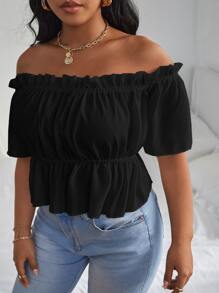 Celure Blusa Bardot con volantes y borde con volantes, top con peplum off the shoulder talla grande - Negro - Ver 4