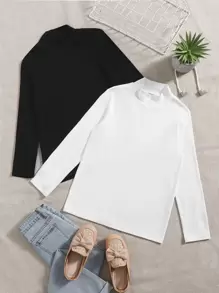 SHEIN Explorewe Cô gái Tween 2 Miếng Chất rắn Cổ giả Áo - Đen và trắng - Xem 1