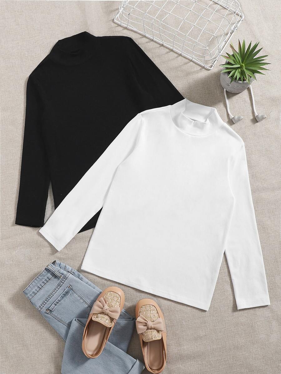 SHEIN Explorewe Cô gái Tween 2 Miếng Chất rắn Cổ giả Áo - Đen và trắng - Xem 1