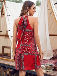 SHEIN VCAY Tie Back Paisley Print Halter Dress - Red - View 2