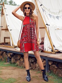 SHEIN VCAY Tie Back Paisley Print Halter Dress - Red - View 3