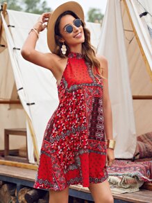 SHEIN VCAY Tie Back Paisley Print Halter Dress - Red - View 4