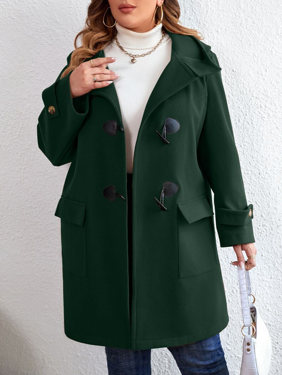 SHEIN LUNE Plus Flap Pocket Duffle Hooded Overcoat - Dark Green - View 1