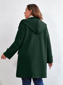 SHEIN LUNE Plus Flap Pocket Duffle Hooded Overcoat - Dark Green - View 2
