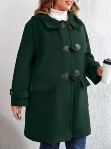 SHEIN LUNE Plus Flap Pocket Duffle Hooded Overcoat - Dark Green - View 3