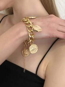 Mydear 1pc Geometric Coin Badge Pendant Chunky Bracelet, Suitable For Women's Daily Wear - Yellow Gold - View 1