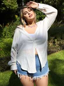 SHEIN LUNE 大碼落肩袖前紐扣襯衫不附帶吊帶內搭