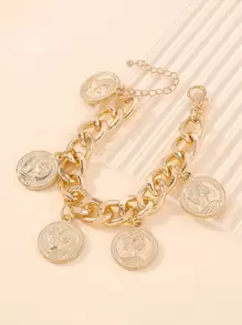 Mydear 1pc Geometric Coin Badge Pendant Chunky Bracelet, Suitable For Women's Daily Wear - Yellow Gold - View 4