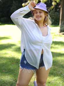 SHEIN LUNE 大碼落肩袖前紐扣襯衫不附帶吊帶內搭