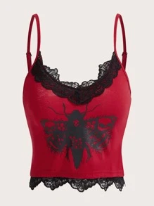 ROMWE Goth Áo hai dây Tương phản ren Lễ Các Thánh Giải trí - Đỏ - Xem 5