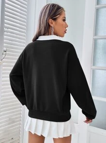 SHEIN EZwear Contrast Collar Drop Shoulder Pullover,Long Sleeve Tops Graduation,Back To School Outfits,Graduation,Teacher Outfits For Women,Back To School In Fall/Winter - Black and White - View 2