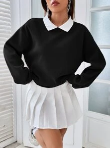 SHEIN EZwear Contrast Collar Drop Shoulder Pullover,Long Sleeve Tops Graduation,Back To School Outfits,Graduation,Teacher Outfits For Women,Back To School In Fall/Winter - Black and White - View 3