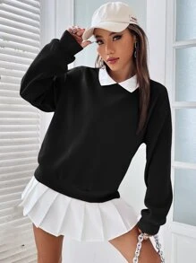SHEIN EZwear Contrast Collar Drop Shoulder Pullover,Long Sleeve Tops Graduation,Back To School Outfits,Graduation,Teacher Outfits For Women,Back To School In Fall/Winter - Black and White - View 5