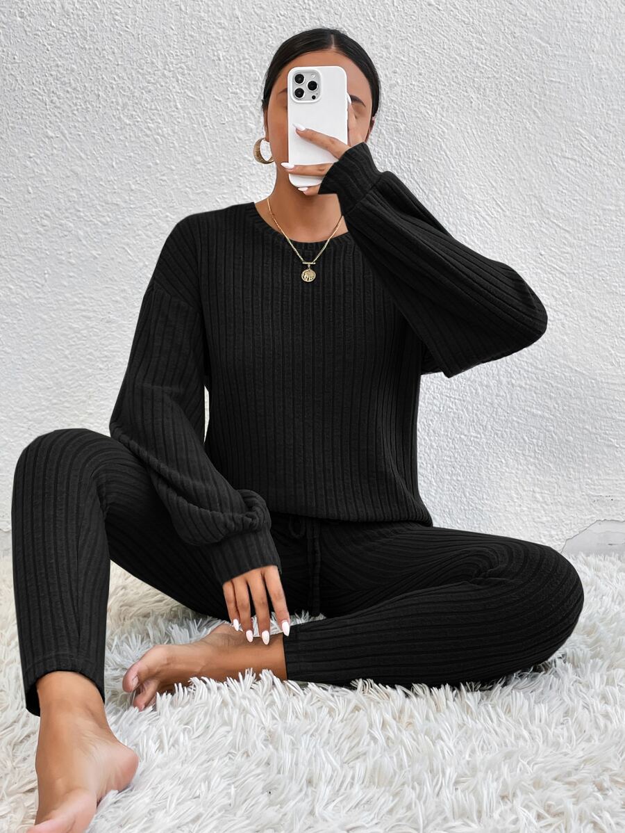 SHEIN Essnce Drop Shoulder Tee & Tie Front Skinny Trousers - Black - View 1