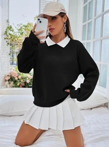 SHEIN EZwear Contrast Collar Drop Shoulder Pullover,Long Sleeve Tops Graduation,Back To School Outfits,Graduation,Teacher Outfits For Women,Back To School In Fall/Winter - Black and White - View 7