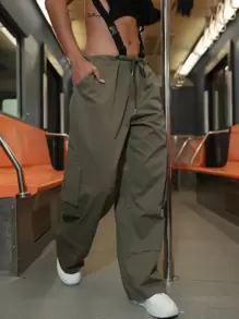 Low Rise Solid Flap Pocket Wide Leg Cargo Pants - Army Green - View 1