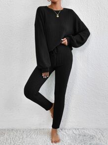 SHEIN Essnce Drop Shoulder Tee & Tie Front Skinny Trousers - Black - View 5