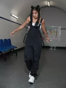 Street Buckled Detail Flap Pocket Side Overall Jumpsuit Without Cami Top - Black - View 1