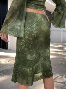 SHEIN ICON Váy nữ Xù nhỏ Hoa Giải trí - xanh quân đội - Xem 2