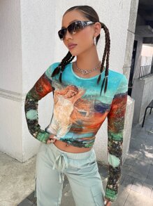 SHEIN ICON 人像圖案短款T恤 - 彩色 - 查看 5