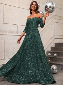 Off-Shoulder Sequin Formal Gown, Elegant Formal Evening Dress For Wedding Guest, Suitable For Graduation Ceremony, Gala Dinner And Other Occasions - Dark Green - View 6