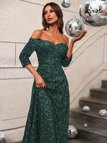 Off-Shoulder Sequin Formal Gown, Elegant Formal Evening Dress For Wedding Guest, Suitable For Graduation Ceremony, Gala Dinner And Other Occasions - Dark Green - View 3