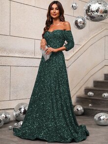 Off-Shoulder Sequin Formal Gown, Elegant Formal Evening Dress For Wedding Guest, Suitable For Graduation Ceremony, Gala Dinner And Other Occasions - Dark Green - View 4