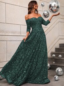 Off-Shoulder Sequin Formal Gown, Elegant Formal Evening Dress For Wedding Guest, Suitable For Graduation Ceremony, Gala Dinner And Other Occasions - Dark Green - View 1