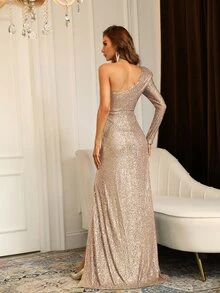 Faeriesty Women's Elegant Alluring Asymmetric Neckline High Slit Sequin Dress - Perfect For Red Carpet Events, Celebrity Galas, Bridal Showers, Midnight Balls, Wedding Guest Attire, Formal Gowns And Cocktail Dresses, As Well As Summer Vacation Outfits. - Apricot - View 2