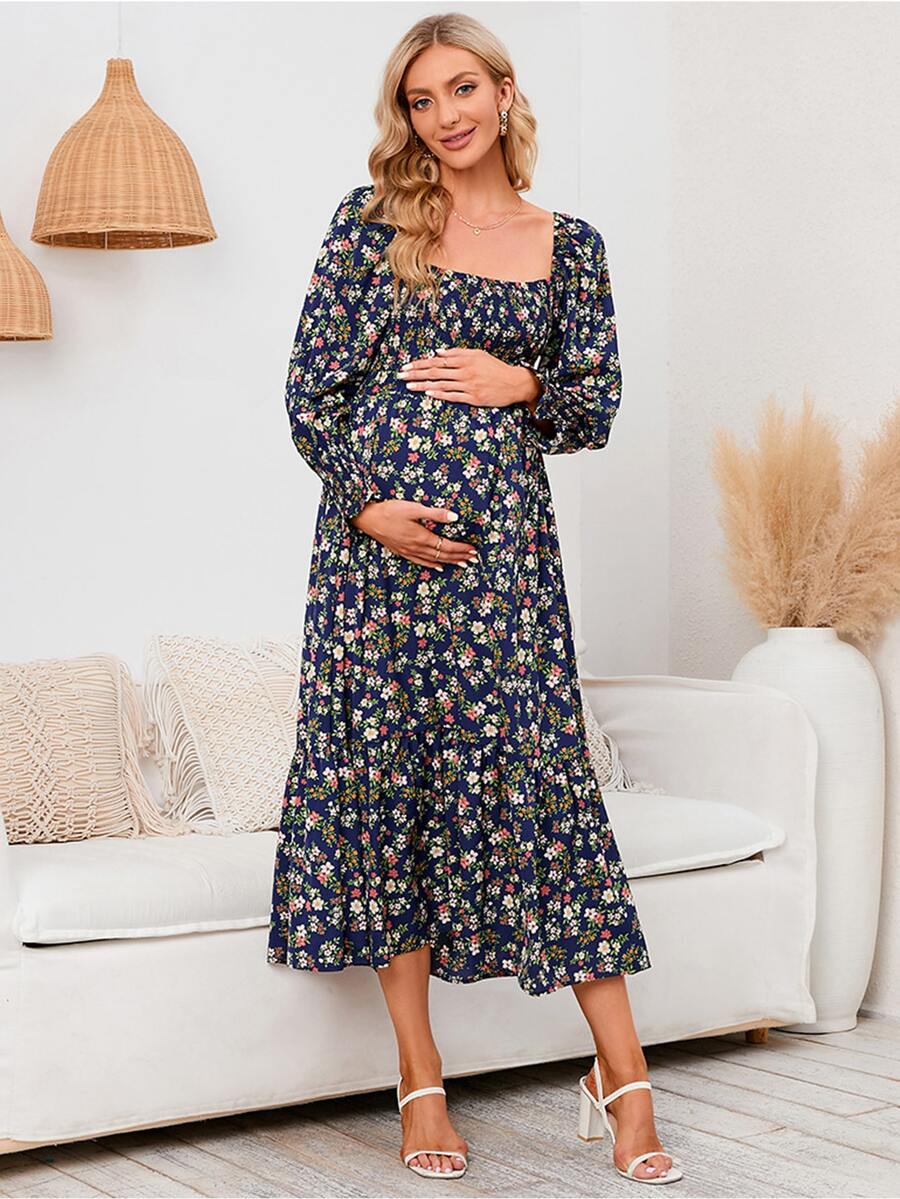 Maternidad Vestido floral de cuello cuadrado de manga farol bajo con fruncido - Multicolor - Ver 1
