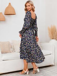 Maternidad Vestido floral de cuello cuadrado de manga farol bajo con fruncido - Multicolor - Ver 2