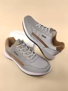 2024 新款青少年跑步鞋，仿皮拼接，时尚纯色平底，简约滑板鞋，学院风，学生户外，百搭，男士网球运动鞋，休闲通勤步行鞋 - 灰色 - 查看 1
