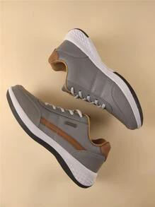 2024 新款青少年跑步鞋，仿皮拼接，时尚纯色平底，简约滑板鞋，学院风，学生户外，百搭，男士网球运动鞋，休闲通勤步行鞋 - 灰色 - 查看 3