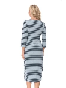 Maternity Striped Print Nursing Dress - Dusty Blue - View 2