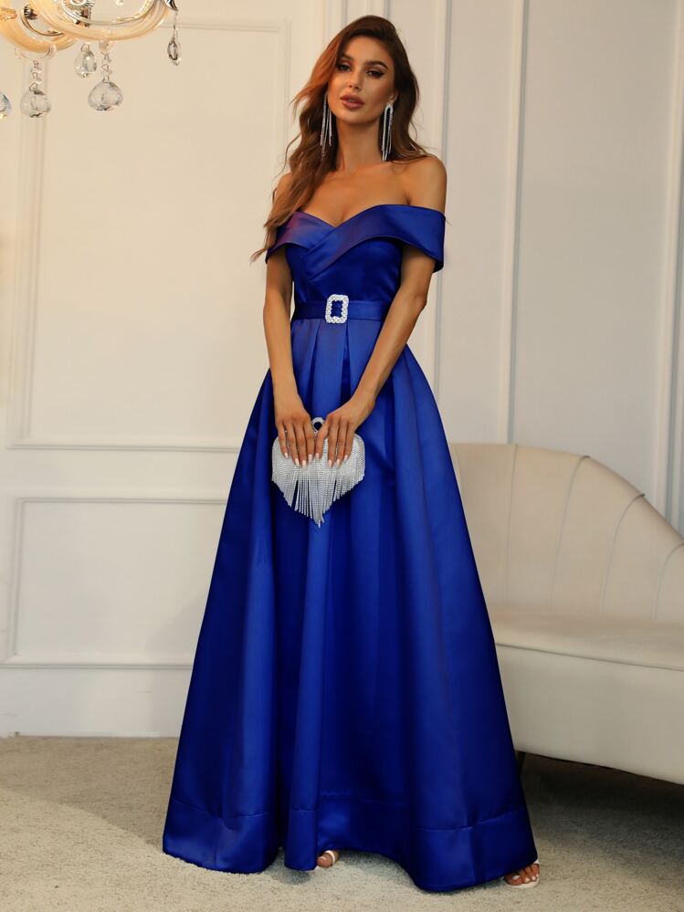 Faeriesty Vestido de satén largo y elegante con hombros descubiertos y ajustado para mujer - Cinturón de strass desmontable y bajo con abertura | Adecuado para galas formales, bodas y fiestas especiales de primavera - azul real - Añade 1