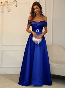 Faeriesty Vestido de satén maxi elegante y entallado con hombros descubiertos para mujeres - Cinturón de strass desmontable y dobladillo con abertura en el muslo | Ideal para galas, bodas y ocasiones especiales - azul real - Ver 5