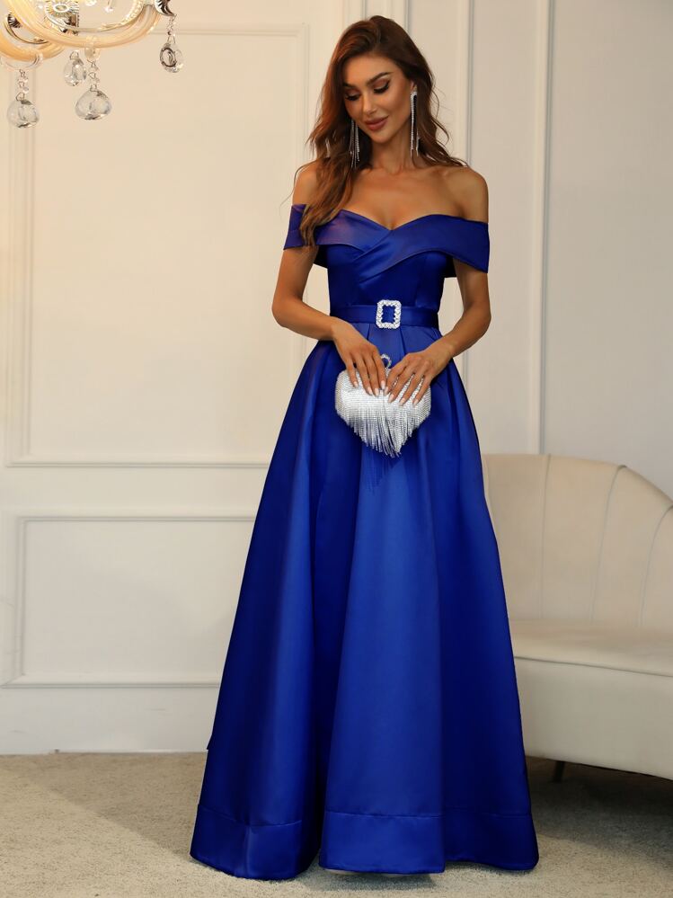 Faeriesty Vestido de satén largo y elegante con hombros descubiertos y ajustado para mujer - Cinturón de strass desmontable y bajo con abertura | Adecuado para galas formales, bodas y fiestas especiales de primavera - azul real - Añade 5