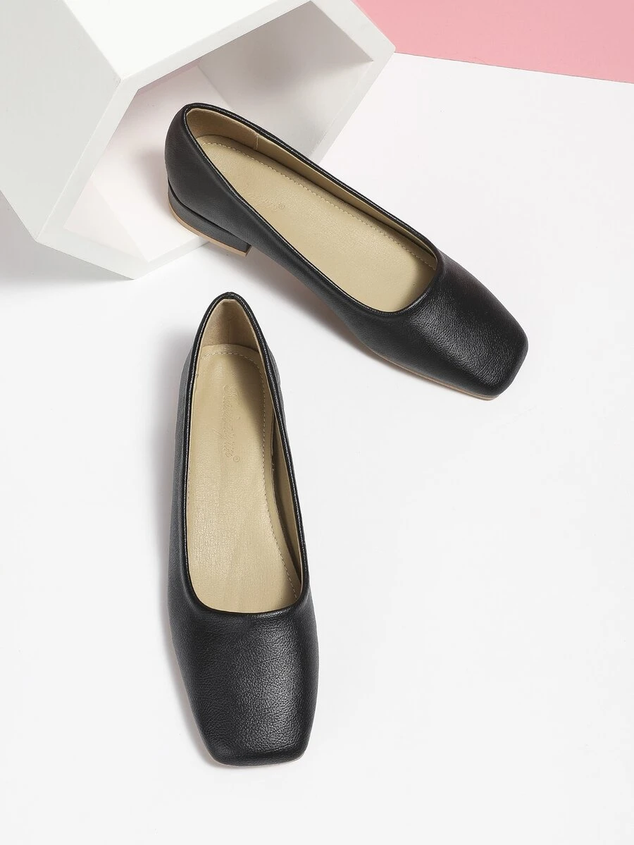 Minimalist Square Toe Ballet Flats - Black - View 1