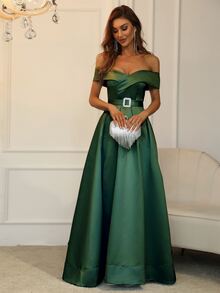 Faeriesty 一字肩四四方方百褶高衩舞會連衣裙 - 墨綠色 - 查看 4