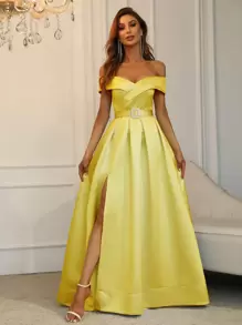 Off Shoulder Boxy Pleated Split Thigh Prom Dress - Yellow - View 1