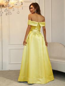 Off Shoulder Boxy Pleated Split Thigh Prom Dress - Yellow - View 2