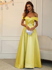 Off Shoulder Boxy Pleated Split Thigh Prom Dress - Yellow - View 4