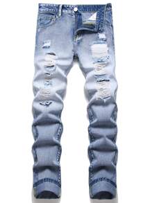 男士破洞修身直筒牛仔裤 - 淺色水洗藍 - 查看 1