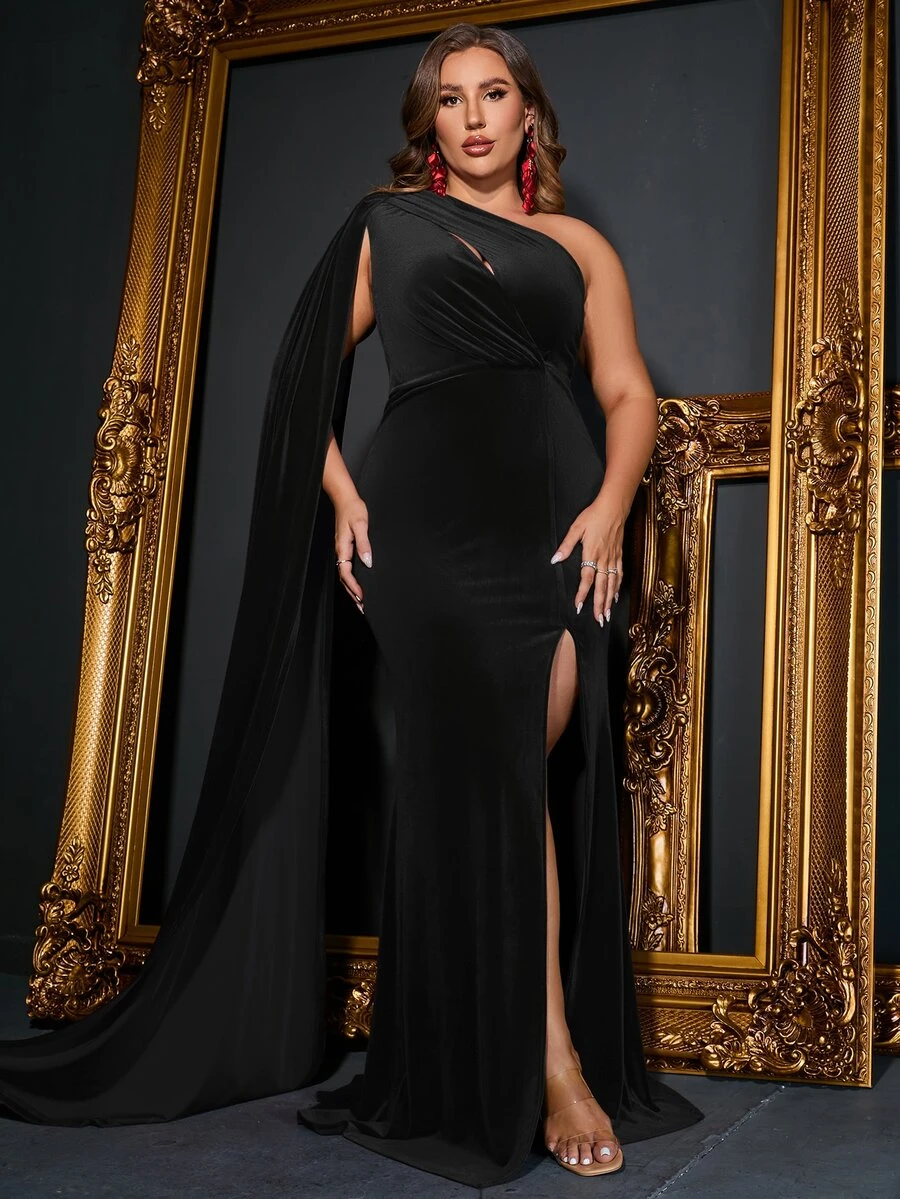 大碼單肩高衩絲絨舞會洋裝 - 黑色 - 查看 1