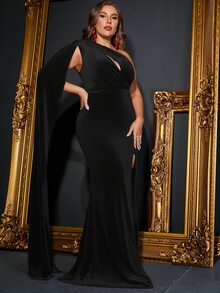 大碼單肩高衩絲絨舞會洋裝 - 黑色 - 查看 3