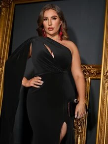 大碼單肩高衩絲絨舞會洋裝 - 黑色 - 查看 6