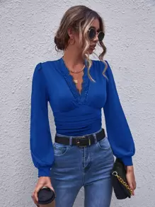 SHEIN Clasi Áo thun nữ Tương phản ren Xù màu trơn Thanh lịch - Xanh đậm - Xem 1