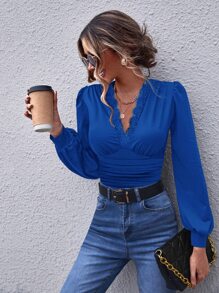 SHEIN Clasi Áo thun nữ Tương phản ren Xù màu trơn Thanh lịch - Xanh đậm - Xem 5