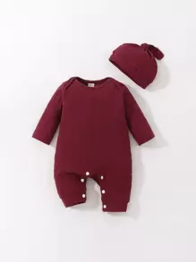 新生嬰兒男童肋花針織連身衣 - 酒紅色 - 查看 1