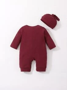 新生嬰兒男童肋花針織連身衣 - 酒紅色 - 查看 2